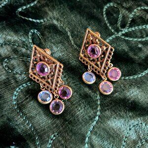 Vintage Goldette(?) Dangling Gold Tone Drop Screw-Back Earrings Pink Blue Glass